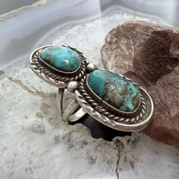 Vintage Silver Native American 2 Turquoise Split Shank Ring Size 7 For Women - Picture 3 of 10